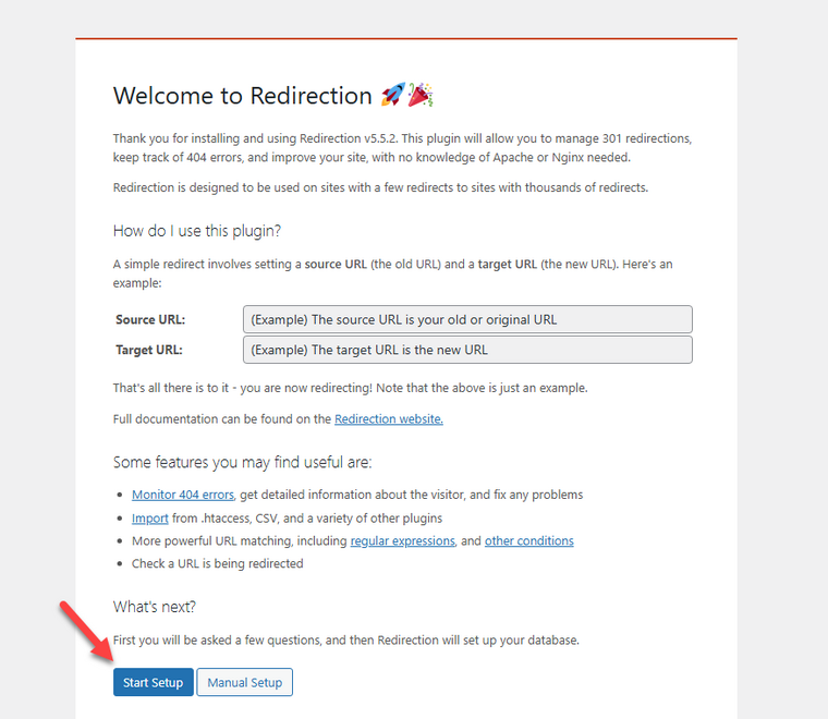 Start setup of Redirection Start setup of Redirection