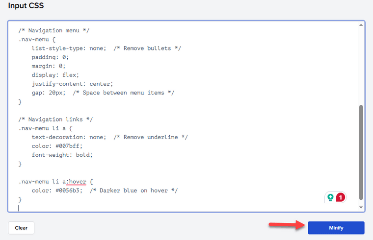 Minify CSS Code Minify CSS Code