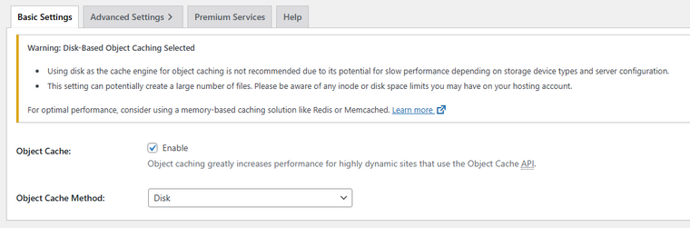 object cache settings object cache settings