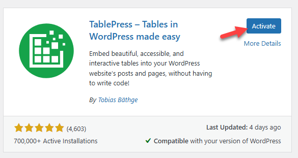 Activate TablePress Activate TablePress