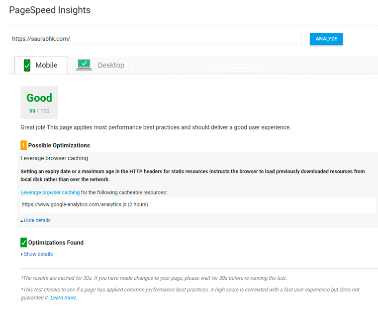 Google PageSpeed Insights Tool Score for saurabhk.com