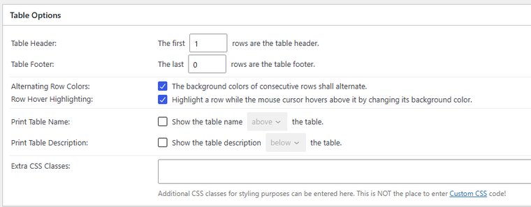 Table Options Table Options
