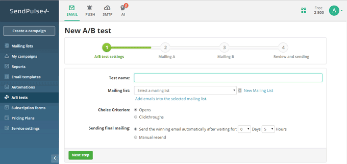Start a new A/B Testing in SendPulse