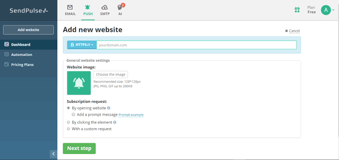Add new website for Web Push in SendPulse