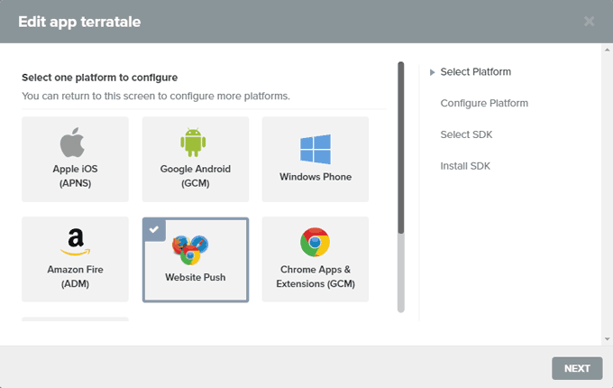 Select the Platform "Website Push"
