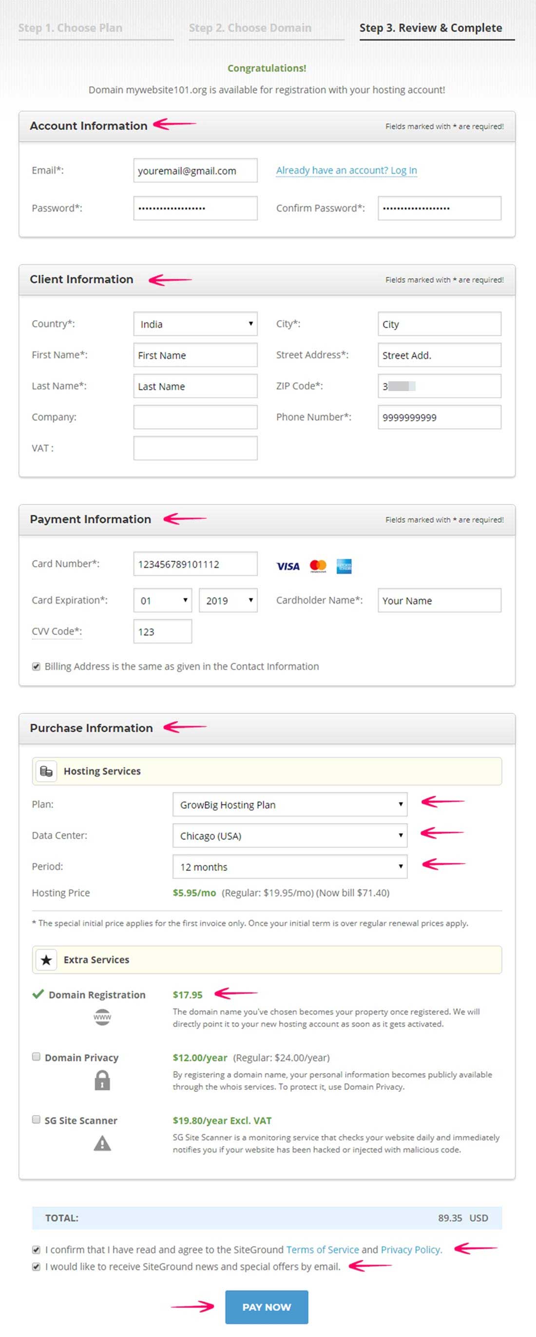 Fill Account and Payment Details to Complete the Process