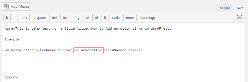 Add rel="nofollow" in the Opening Anchor Tag <a> in WordPress Classic Editor