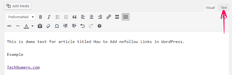 Switch to Text Editor to make a link nofollow in Classic WordPress Editor