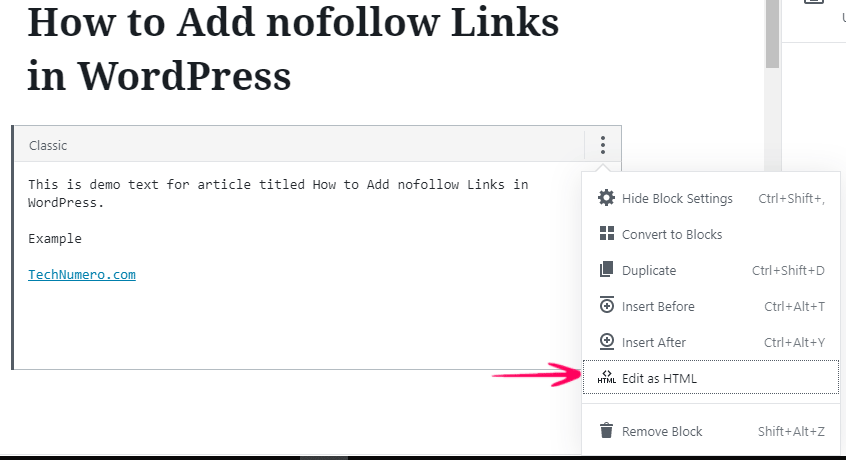 Switch to Edit as HTML to make a link nofollow in Gutenberg/Block Editor