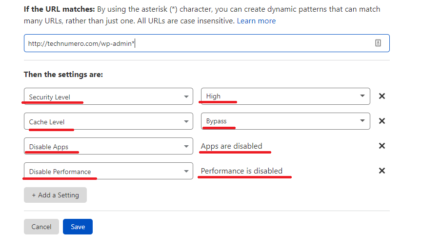 Cloudflare page rule for wp-admin area