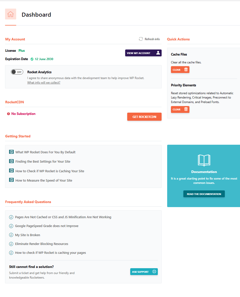 WP Rocket Dashboard WP Rocket Dashboard