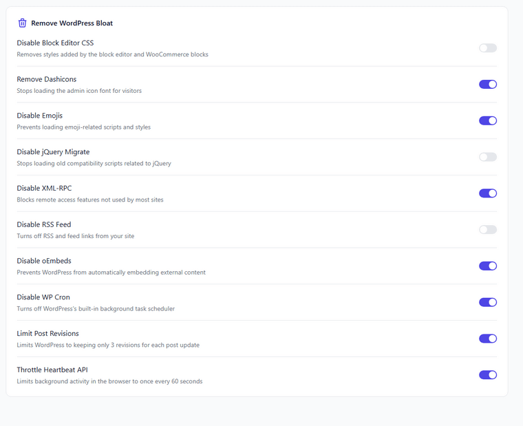 Perfmatters Bloat Settings Perfmatters Bloat Settings