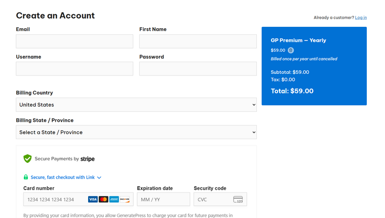 GeneratePress Account Creation